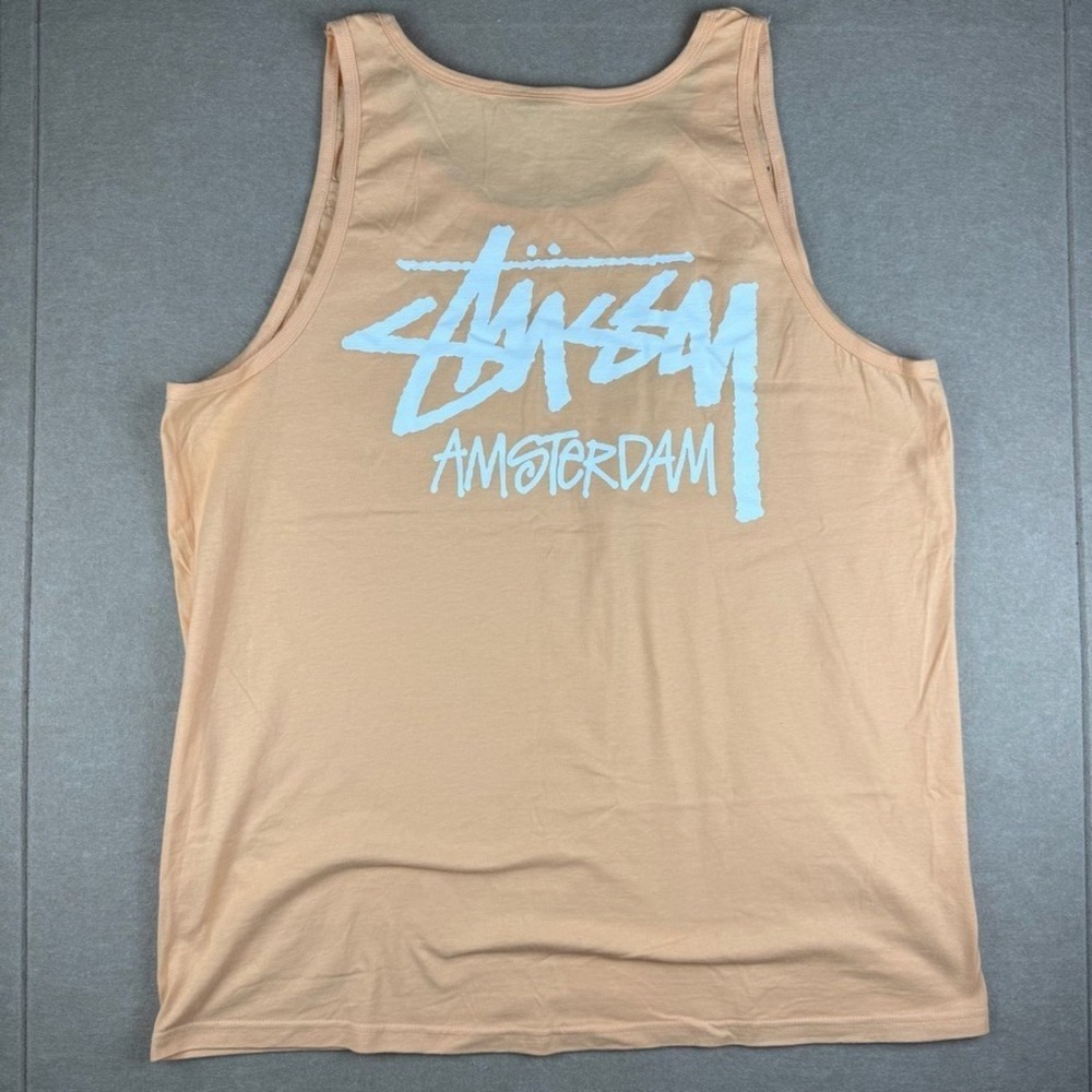 Stussy Amsterdam Tank Top Mens XXL Orange Streetwear Graphic Logo Sleeveless Tee